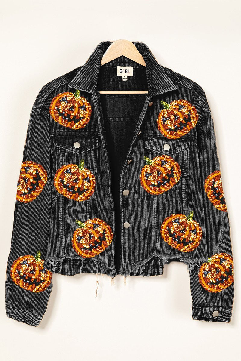 Orange Football Sequin Embroidery Washed Corduroy Jacket